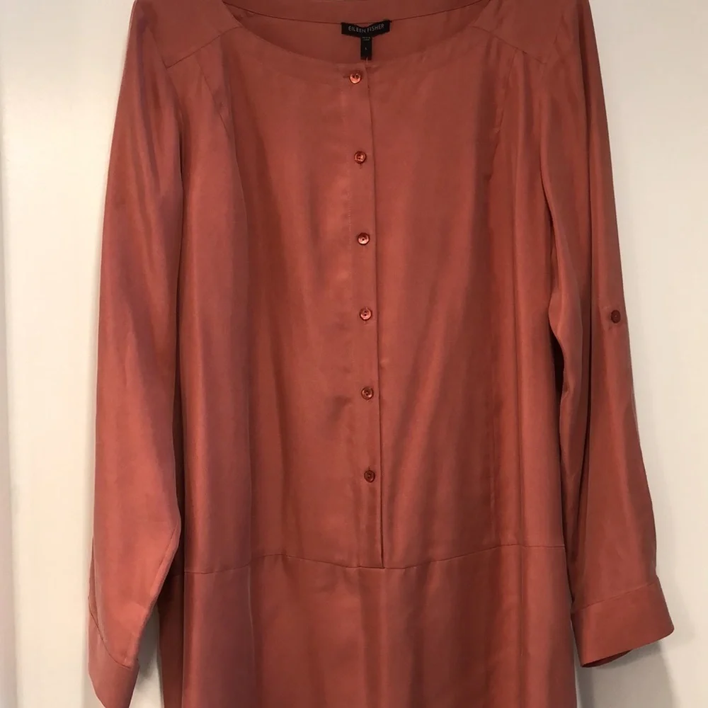 EILEEN FISHER SILK TWILL SHIRT DRESS in Coral NWT sz L - Picture 2 of 11